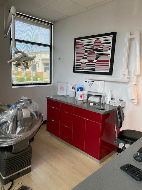 dental office with red cabinets